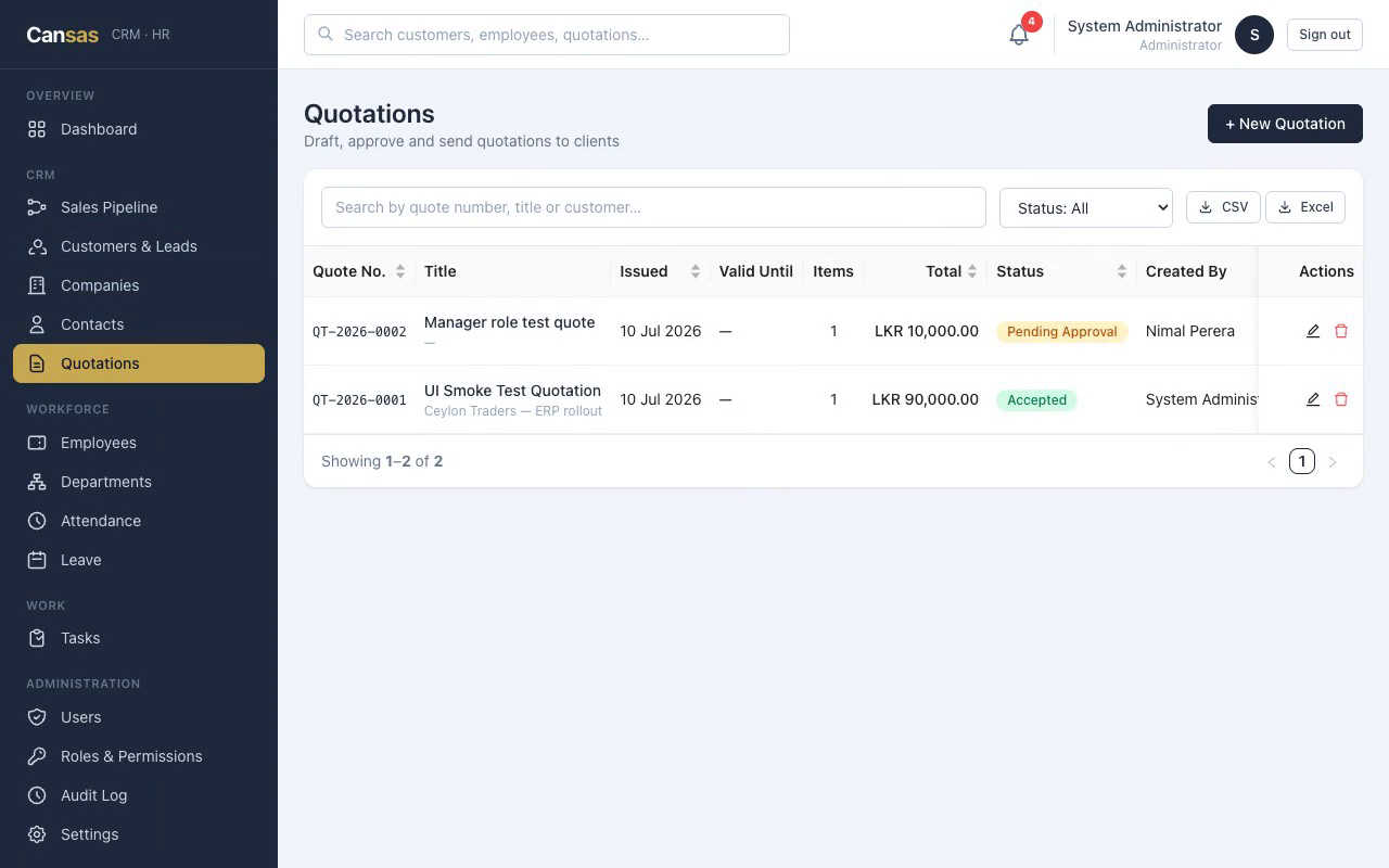Quotations & approvals — CRM & HR