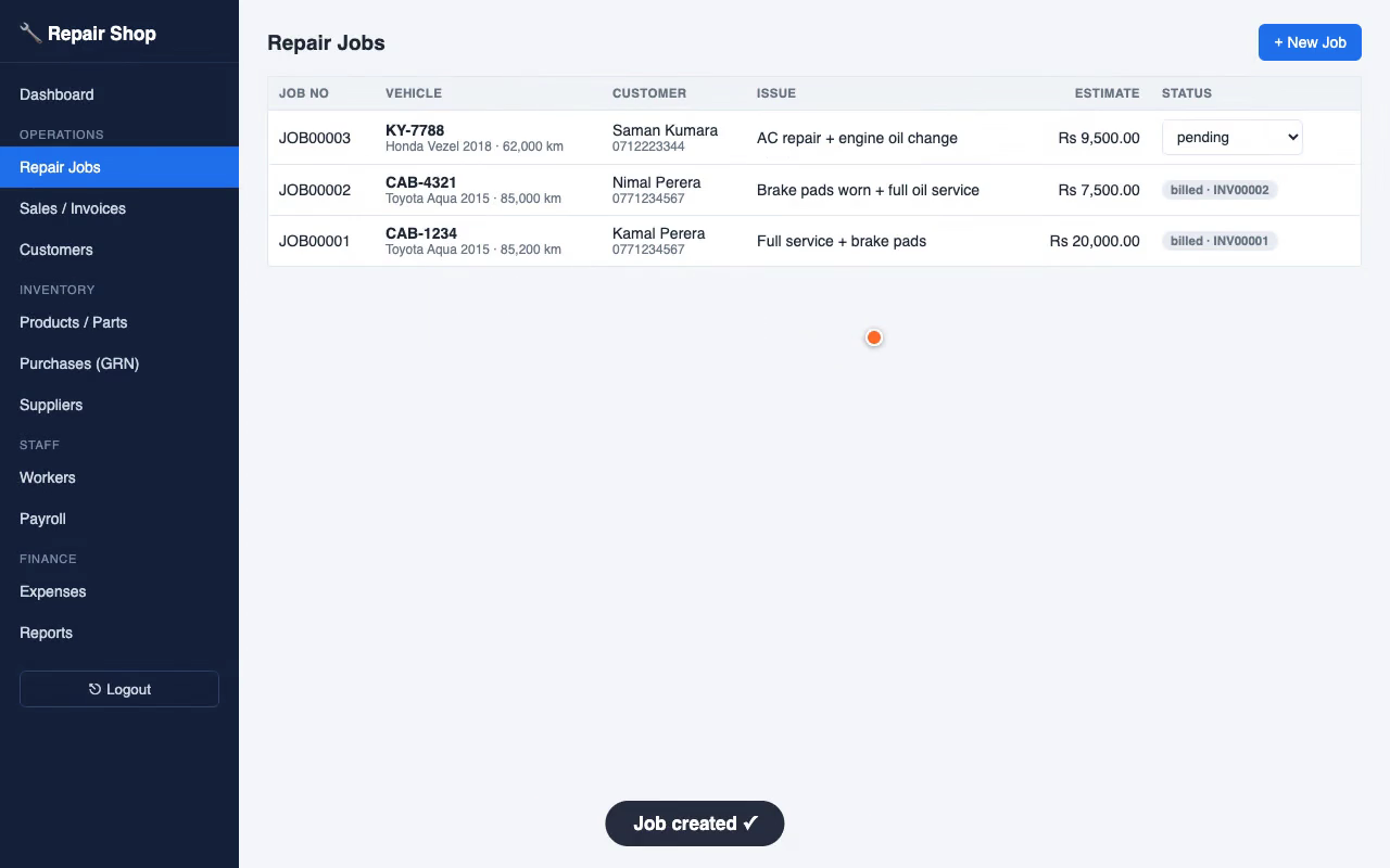 Repair job board — Garage ERP